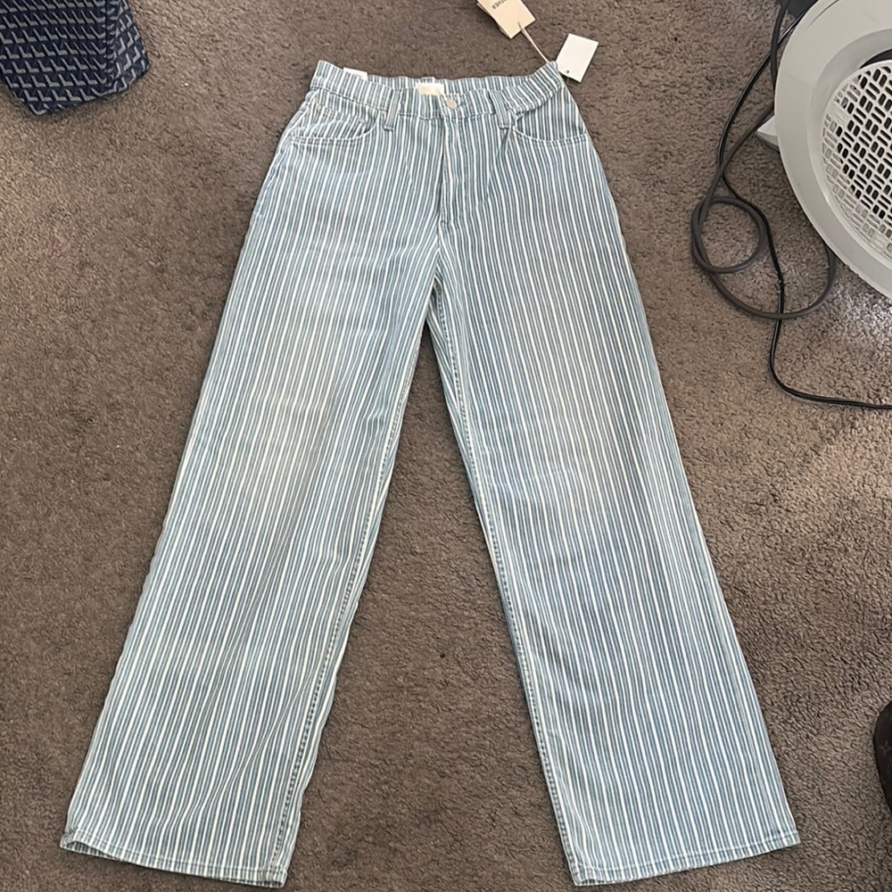 MOTHER Blue and White Flare Jeans with Pinstripe Pattern